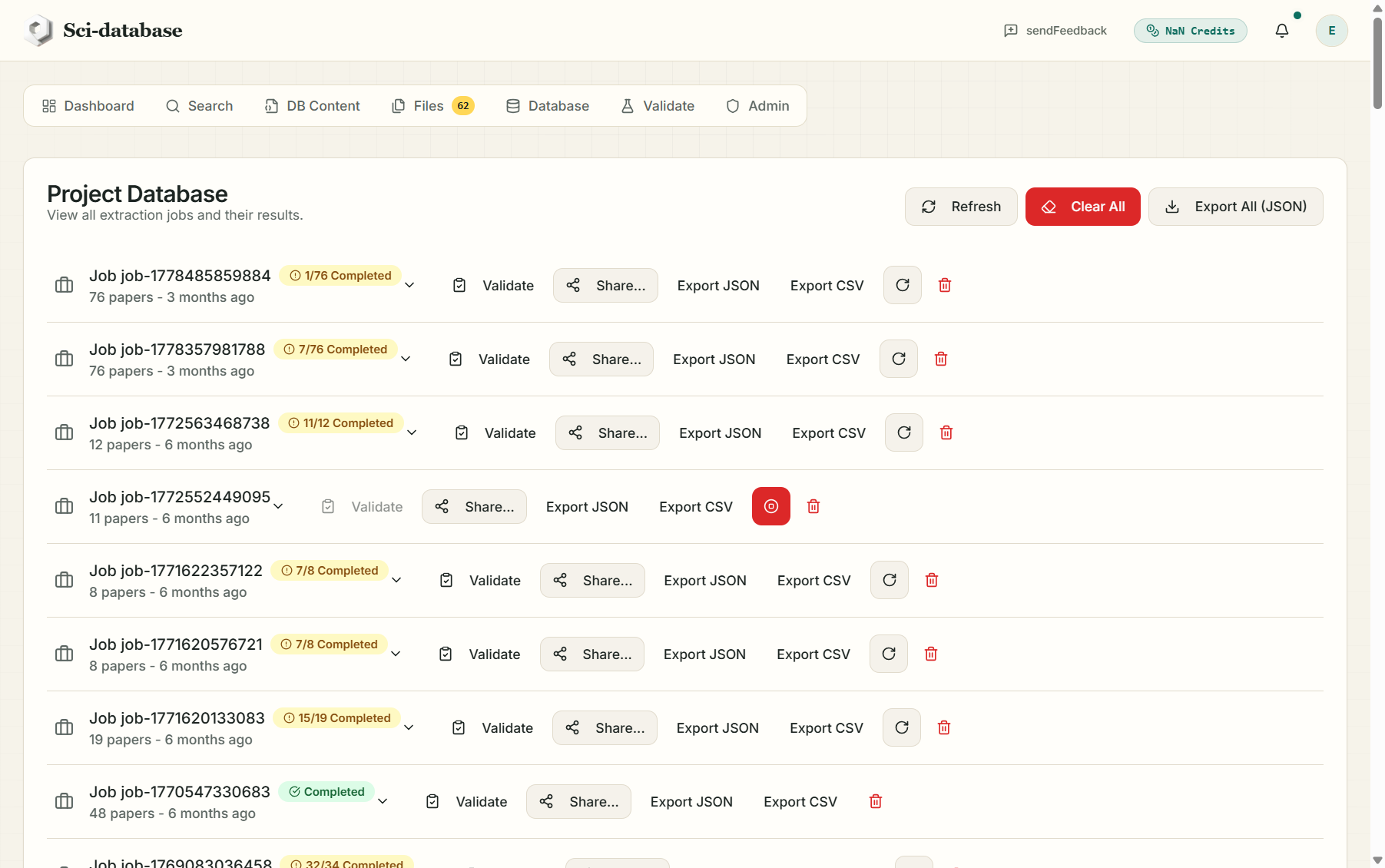 Database tab — jobs list